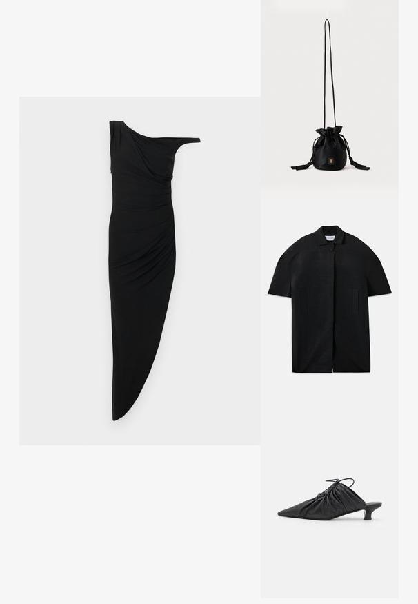 Manteau noir à manches courtes avec texture côtelée, fermeture frontale cachée, col, deux poches verticales fendues et un seul bouton visible au col.; Robe noire asymétrique à une épaule avec tissu drapé et ourlet diagonal plus long d'un côté.; Mules noirs en cuir à enfiler avec un bout pointu, une texture froncée et un petit talon aiguille. Présente un détail à cordon au niveau de l'ouverture.; Sac seau noir à cordon avec une longue sangle fine et un petit logo carré doré sur le devant, présenté sur un fond uni.
