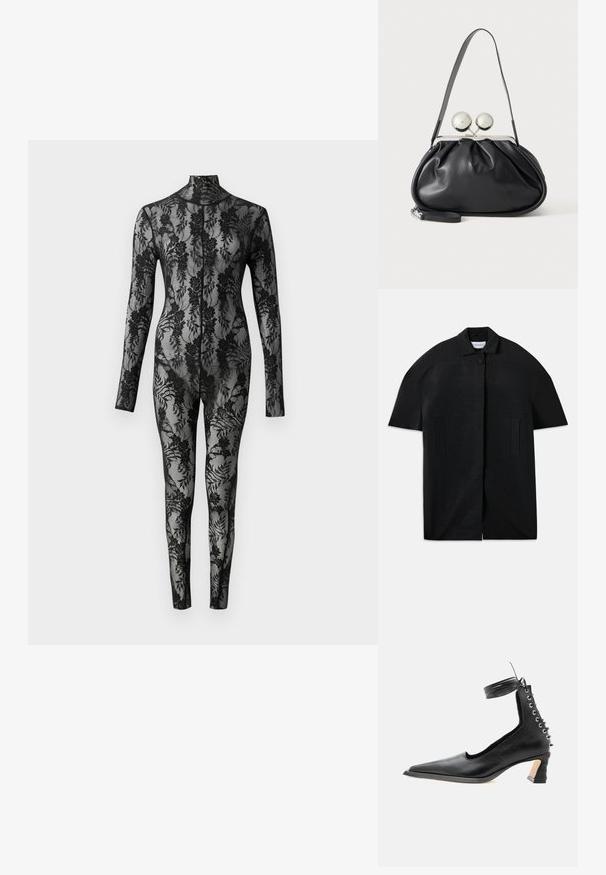 Sort kortærmet frakke med ribbet tekstur, skjult frontlukning, krave, to lodrette lommer med sprækker og en enkelt synlig knap ved kraven.; Sort blonde bodysuit med lange ærmer, høj krave og blomstermønster, der dækker hele overfladen. Tæt siddende design med gennemsigtig tekstur.; Sort lavhælet lædersko med spids tå, snøredetalje bagpå og ankelrem mod en ensartet hvid baggrund.; Sort læderhåndtaske med opsamlet design, en enkelt rem, sølv metalramme og to store runde sølv lukninger.