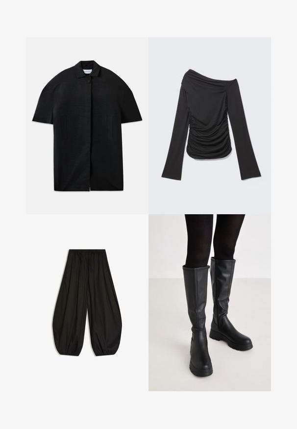 Zwarte korte mouwen jas met ribbelstructuur, verborgen sluiting aan de voorkant, kraag, twee verticale splitzakken en een enkele zichtbare knop bij de kraag.; Zwarte top met lange mouwen, asymmetrische off-shoulder halslijn en geplooide details aan de zijkanten en voorkant.; Loszittende zwarte broek met een geplooide elastische tailleband en elastische broekspijpen, die een ballonachtige silhouet creëren.; Even&Odd Plateaulaarzen - black