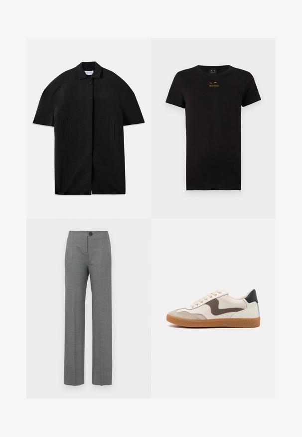 Schwarzer Kurzarmmantel mit gerippter Textur, verstecktem Frontverschluss, Kragen, zwei vertikalen Schlitztaschen und einem einzelnen sichtbaren Knopf am Kragen.; Schwarzes T-Shirt mit kurzen Ärmeln aus Baumwolle. Besitzt ein aufgedrucktes goldenes Logo auf der Brust. Klassisches Rundhalsausschnitt-Design. Weiche Textur.; Graue maßgeschneiderte Hosen mit geradem Bein, ausgestattet mit einem Knopfverschluss, Seitentaschen und einem glatten, strukturierten Stoff.; Sneaker mit einem Obermaterial aus cremefarbenem Leder und dunkelbrownem Wildlederakzent, beigen Schnürsenkeln und einer Gummisohle; klassisches, niedriges Profildesign.
