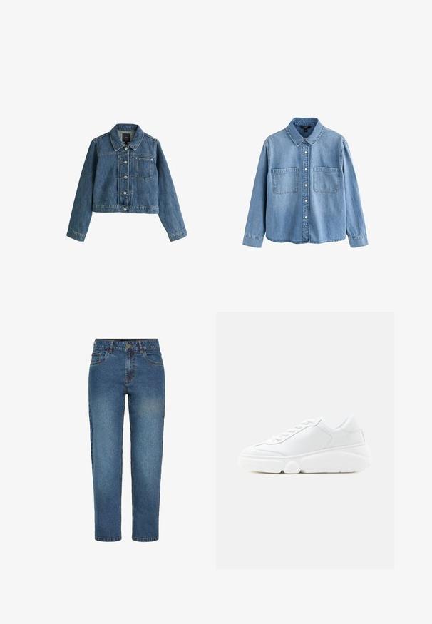 Blauwe korte spijkerjas met kraag, knopen aan de voorkant, borstzak en lange mouwen op een witte achtergrond.; Lichtblauw denim overhemd met knopen, lange mouwen, twee borstzakken en een puntige kraag, weergegeven op een witte achtergrond.; Blauwe high-waist straight-leg spijkerbroek met voorste knoop en ritssluiting, twee voorzakken en riemlussen.; Witte lage sneaker met dikke zool, veters aan de voorkant en een glad leren bovenwerk, getoond in zijaanzicht op een witte achtergrond.