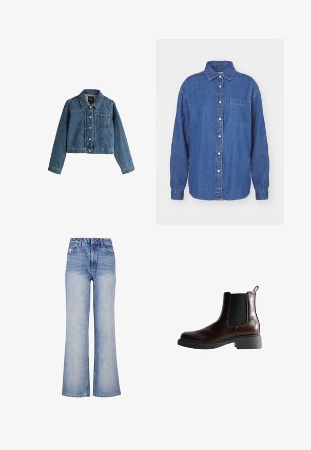 Blå kort denimjakke med krave, knapper foran, brystlomme og lange ærmer på en hvid baggrund.; Denimskjorte i mørkeblå, med knaplukning foran, krave og én brystlomme. Lange ærmer med knapmanchetter. Klassisk design.; Lys blå denim bred-benede jeans har høj talje, knaplukning, diskret slidmærker og et klassisk fem-lomme design.; Brune læder ankelstøvle med elastiske sidepaneler, rund tå og en struktureret sort gummisål. Har kontrasterende syninger og en trækflap.