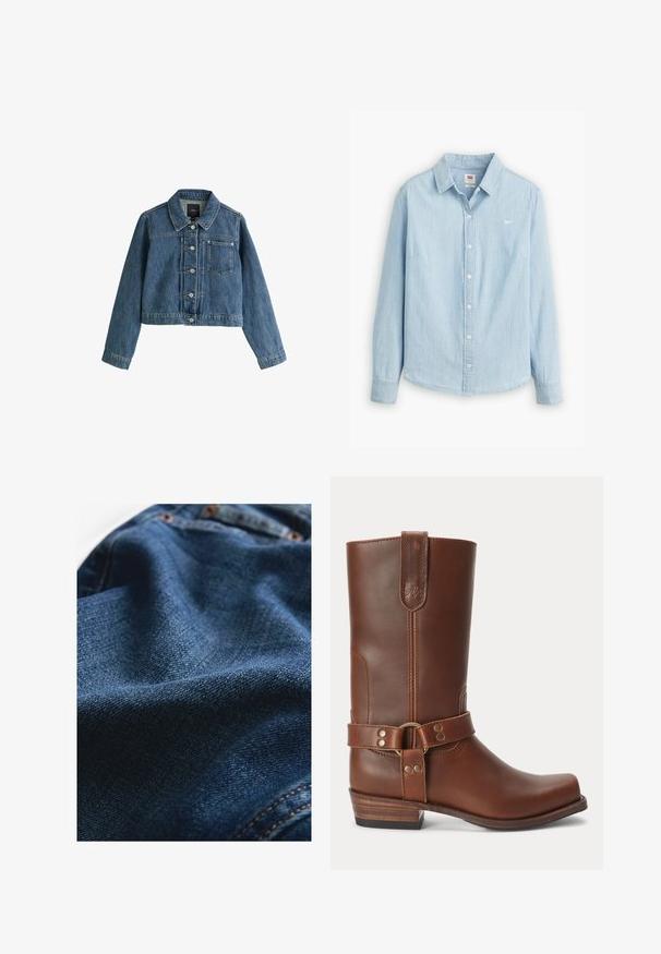 Blå kort denimjakke med krave, knapper foran, brystlomme og lange ærmer på en hvid baggrund.; Lyseblå skjorte med knapper lavet af blødt denimstof. Har en klassisk krave og lange ærmer, med et lille logo på brystet.; Denimstof i mørkeblå, med en glat tekstur og subtile vævningsvariationer samt kontrasterende syningsdetaljer.; Brun læder midt på læggen støvle med lavt træhæl, rund snude og dekorativ strop med metalnitter rundt om anklen.