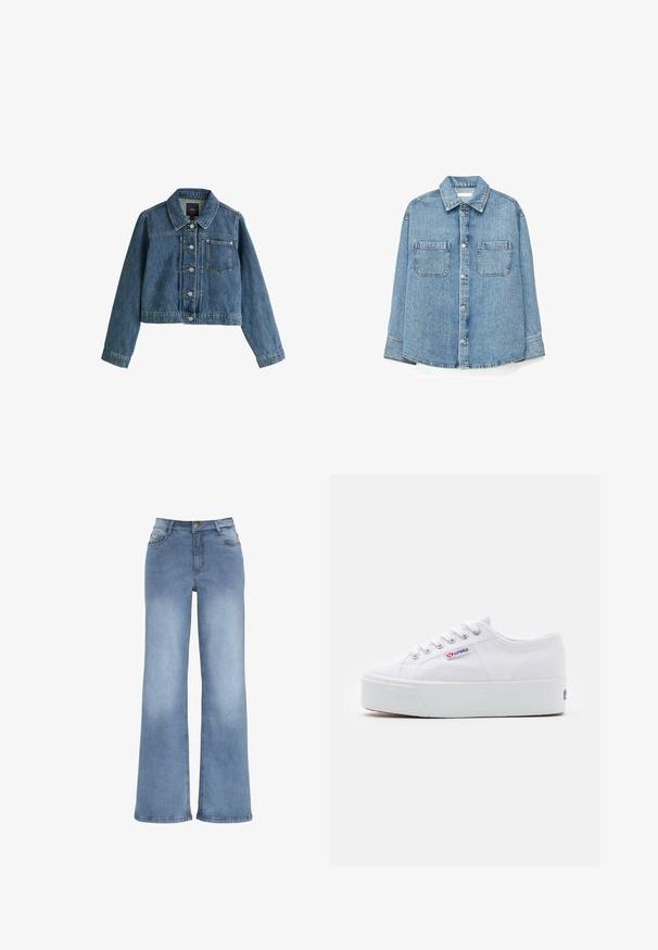 Blå kort denimjakke med krave, knapper foran, brystlomme og lange ærmer på en hvid baggrund.; Lyseblå denim skjorte med knapper, to brystlommer og lange ærmer, vist på en ensfarvet hvid baggrund.; Lyseblå vidde jeans lavet af denim. Har en knaplukning, fem lommer og syninger i kontrast. Glat overflade med en let falma.; Hvide canvas sneakers med en tyk hvid platformssål, rund tå og metaløjelets til snørebånd. Mærkets logo præsenteret på siden.