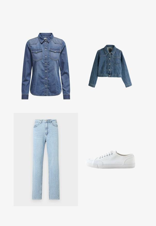 Blauwe korte spijkerjas met kraag, knopen aan de voorkant, borstzak en lange mouwen op een witte achtergrond.; Donkerblauw denim shirt met een kraag, lange mouwen, dubbele borstzakken en contrasterende stiksels.; Lichtblauwe rechte spijkerbroek met voorzakken, riemlussen en een knoop- en ritssluiting.; Witte lage canvas sneaker met witte veters en rubberen zool, gezien van opzij op een witte achtergrond.