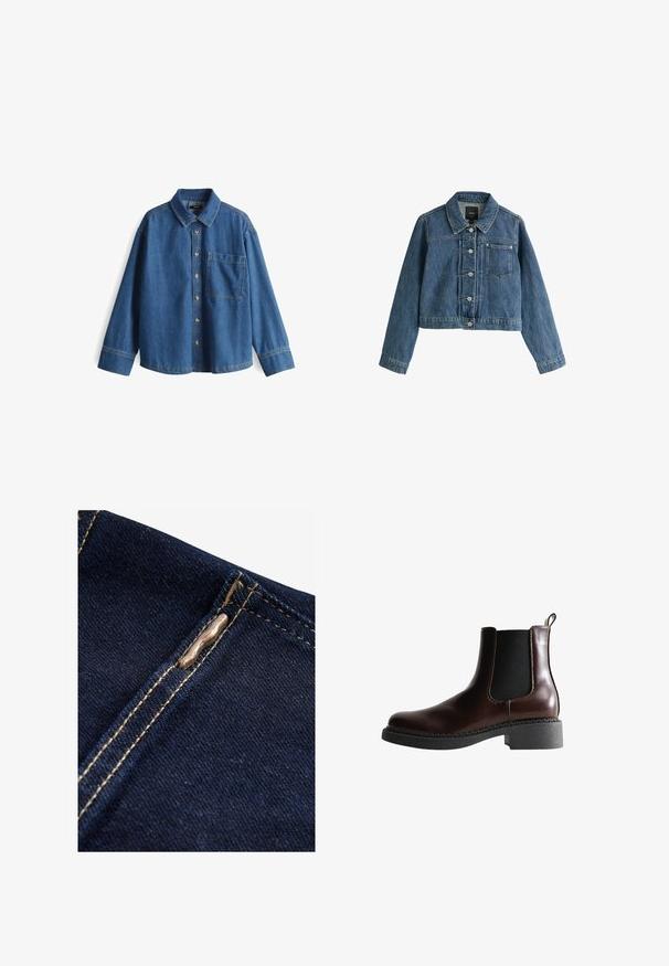 Blaue kurze Jeansjacke mit Kragen, Knopfleiste, Brusttasche und langen Ärmeln auf weißem Hintergrund.; Jeanshemd, hellblau, langärmlig, Knopfleiste vorne, Kragen, eine Brusttasche, kontrastierende Nähte und ein lässiger Schnitt.; Next REGULAR FIT - WIDE LEG - Flared Jeans - rinse blue; Braune Leder-Boots mit elastischen Seitenteilen, runder Spitze und einer strukturierten schwarzen Gummisohle. Verfügt über kontrastierende Nähte und eine Ziehlasche.