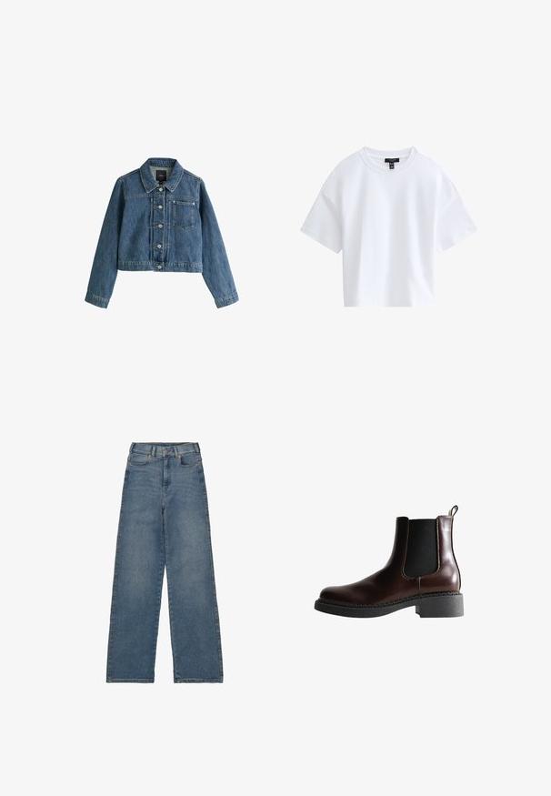 Blå kort denimjakke med krave, knapper foran, brystlomme og lange ærmer på en hvid baggrund.; Simpel hvid kortærmet crop top med rund halsudskæring og sort mærke indeni kraven.; Højtaljede, bredbenede jeans i mellemblå denim. Har fem lommer, en frontknaplukning og kontrasterende syninger.; Brune læder ankelstøvle med elastiske sidepaneler, rund tå og en struktureret sort gummisål. Har kontrasterende syninger og en trækflap.