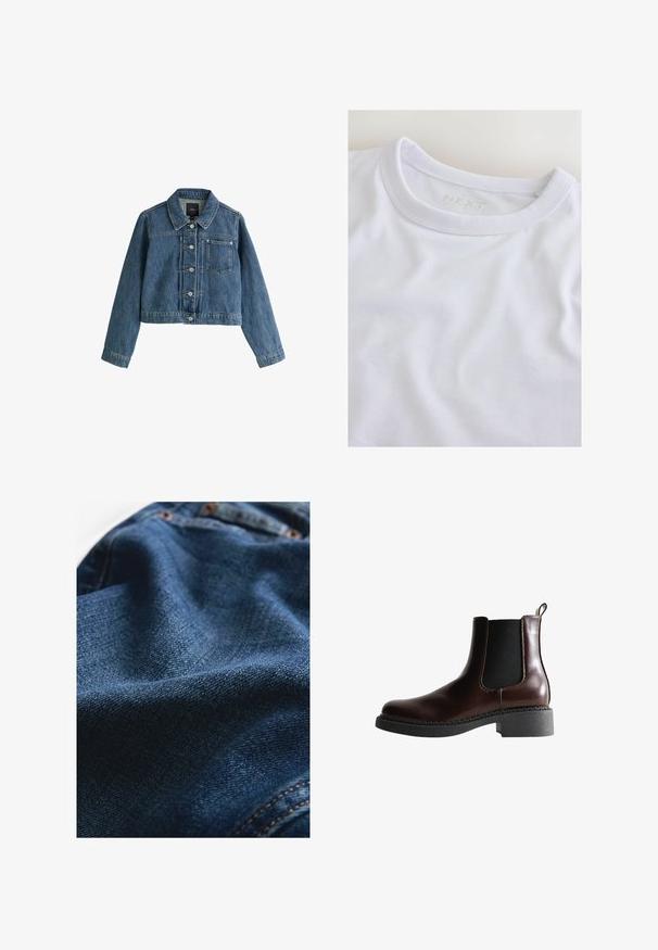 Blå kort denimjakke med krave, knapper foran, brystlomme og lange ærmer på en hvid baggrund.; Hvid T-shirt med rund hals og en diskret "NEXT" etiket synlig inde i kraven på en lys baggrund.; Denimstof i mørkeblå, med en glat tekstur og subtile vævningsvariationer samt kontrasterende syningsdetaljer.; Brune læder ankelstøvle med elastiske sidepaneler, rund tå og en struktureret sort gummisål. Har kontrasterende syninger og en trækflap.