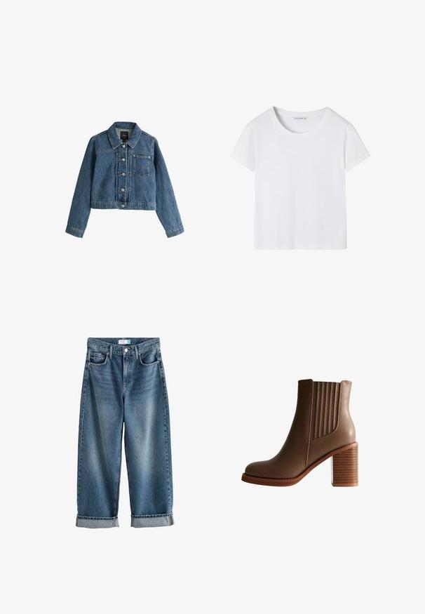 Blå kort denimjakke med krave, knapper foran, brystlomme og lange ærmer på en hvid baggrund.; Hvid kortærmet T-shirt med rund halsudskæring og mellemlangt mærke, vist fladt på hvid baggrund.; Blå denim boyfriend jeans med opbuk, forreste knap- og lynlåslukning samt synlige forlommer.; Brun læder ankelstøvle med stablet blokhæl og elastiske sidepaneler for nem påtagning, vist i profilvisning på hvid baggrund.