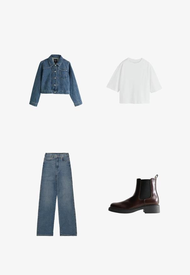 Blauwe korte spijkerjas met kraag, knopen aan de voorkant, borstzak en lange mouwen op een witte achtergrond.; Effen witte oversized T-shirt met korte mouwen, een ronde hals en een losse pasvorm.; Hoge taille, wijde spijkerbroeken in mediumblauwe denim. Voorzien van vijf zakken, een voorknopsluiting en contrasterende stiksels.; Bruine leren enkelboot met elastische zijpanelen, ronde neus en een gestructureerde zwarte rubberen zool. Heeft contrasterende stiksels en een lusje aan de achterkant.