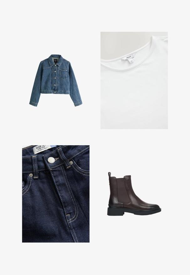 Veste courte en denim bleu avec col, fermeture à boutons, poche poitrine et manches longues sur fond blanc.; T-shirt blanc à manches courtes en coton doux, avec un col arrondi et une étiquette avec "NEXT" au dos intérieur.; Next WIDE - Wide Leg - rinse; Bottine en cuir brun avec des panneaux élastiques sur les côtés, bout rond et semelle noire épaisse ; couture minimale et languette à l'arrière.