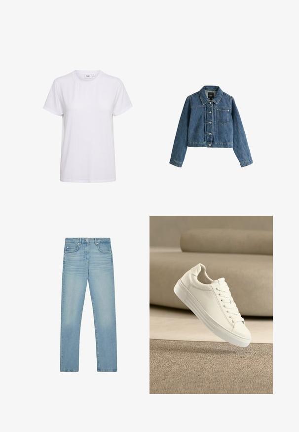 Blaue kurze Jeansjacke mit Kragen, Knopfleiste, Brusttasche und langen Ärmeln auf weißem Hintergrund.; Kurzärmliges weißes T-Shirt aus weicher Baumwolle. Verfügt über einen runden Halsausschnitt und ein schlichtes, nahtloses Design ohne Verzierung oder Muster.; Hellblaue, hochtaillierte Jeans mit geradem Bein, mit Front- und Münztaschen, vorderer Knopfverschluss und dezentem Verblassen an den Oberschenkeln.; Weißer Sneaker aus Leder mit Schnürsenkeln, der über einem strukturierten beigen Teppich schwebt, mit einem beigen Sofa im verschwommenen Hintergrund.