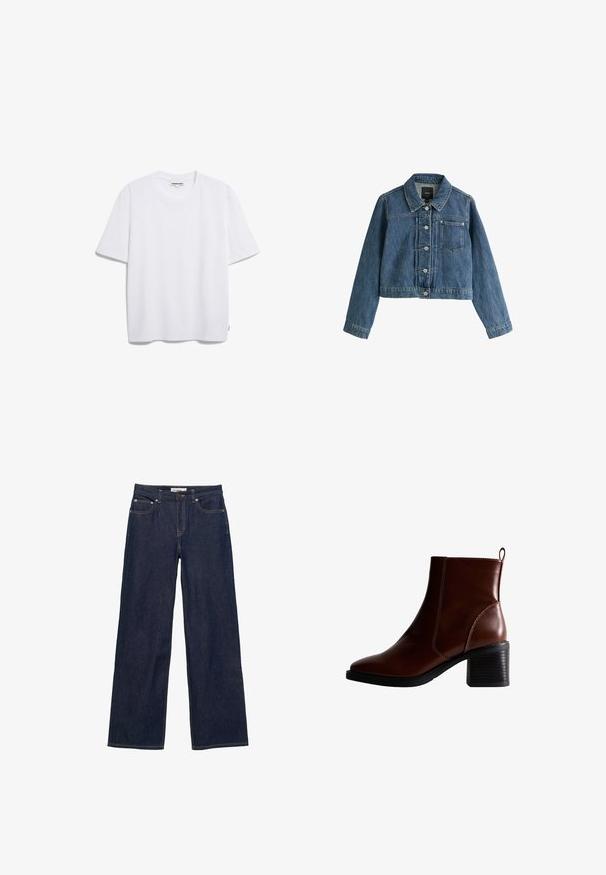 Blaue kurze Jeansjacke mit Kragen, Knopfleiste, Brusttasche und langen Ärmeln auf weißem Hintergrund.; Weißes Baumwoll-T-Shirt mit kurzen Ärmeln, runder Halslinie und lockerer Passform. Keine sichtbaren Muster oder Logos. Glatte Textur.; Dunkelblaue Jeans mit geradem Bein, Vordertaschen, Gürtelschlaufen, Knopfverschluss und sichtbaren Kontrastnähten.; Braune Leder-Ankle-Boots mit quadratförmiger Spitze und seitlicher Naht, einem 7,5 cm hohen Blockabsatz und einem Ziehhilfen an der Rückseite für einfaches An- und Ausziehen.