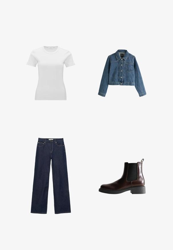 Blauwe korte spijkerjas met kraag, knopen aan de voorkant, borstzak en lange mouwen op een witte achtergrond.; Witte nauwsluitende dames T-shirt met korte mouwen, geribbeld en met een ronde hals en een klein maatlabel aan de binnenzijde van de kraag.; Donkerblauwe straight-leg spijkerbroek met voor- en muntzakken, knoopsluiting en zichtbare stiksels op een witte achtergrond.; Bruine leren enkelboot met elastische zijpanelen, ronde neus en een gestructureerde zwarte rubberen zool. Heeft contrasterende stiksels en een lusje aan de achterkant.