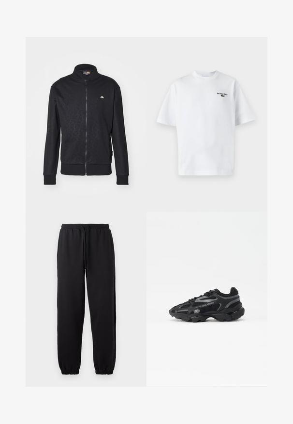 Ellesse GORIZIO - Trainingsvest - black; Witte katoen t-shirt met korte mouwen, met de tekst "Jeu Set et Match" en een klein groen logo op de linkerkant van de borst. Klassieke pasvorm.; Zwarte joggingsbroeken van zacht materiaal, met een elastische tailleband met verstelbaar trekkoord en aansluitende uiteinden.; Zwarte sportieve sneakers met een bovenwerk van mesh en synthetisch materiaal. Voorzien van een gestructureerde zool, reflecterende accenten en een verstevigde hiel.