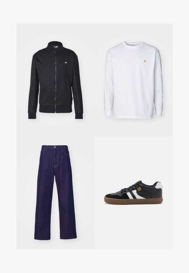 Ellesse GORIZIO - Trainingsjacke - black; Weißes Langarm-T-Shirt aus Baumwolle. Mit kleinem goldenem Logo auf der Brust und Rundhalsausschnitt. Einfaches Design und normale Passform.; Dunkelblaue Denim-Hosen mit weitem Bein und hoher Taille, ausgestattet mit vorderen Taschen und einem Knopfverschluss, der eine glatte, strapazierfähige Textur zeigt.; Schwarz-weiße Sneakers mit einem Obermaterial aus Wildleder und Leder, ausgestattet mit weißen Streifen, schwarzen Schnürsenkeln und einer braunen Gummisohle. Mit goldenen Logo-Akzenten.