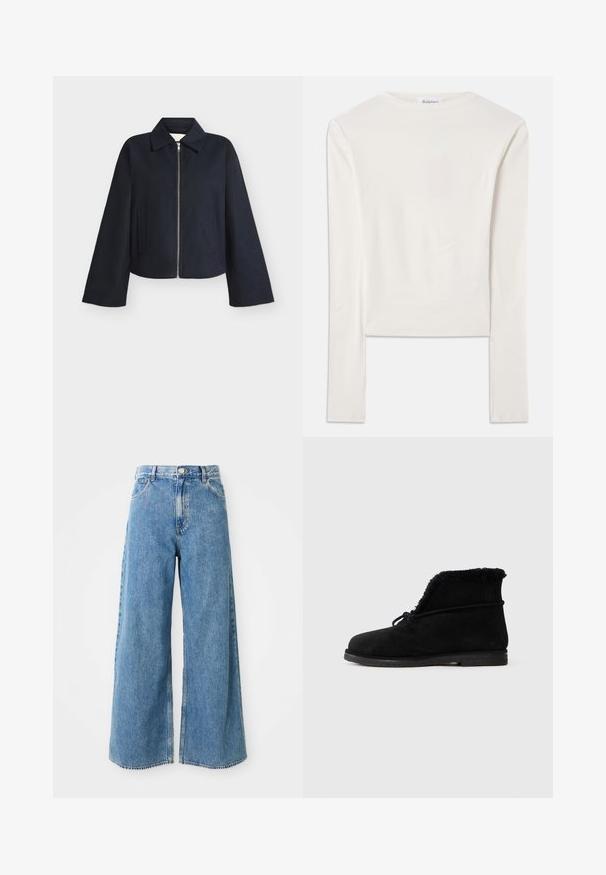 Veste noire à fermeture éclair avec manches larges, col et deux poches latérales sur un fond clair uni.; Haut à manches longues blanc en coton, dotée d'un col ras du cou simple et d'une coupe ajustée. Le tissu est lisse avec une légère élasticité.; Jean en denim léger bleu clair à taille haute, avec fermeture à boutons et à glissière à l'avant, et poches avant sur fond blanc.; Botte de cheville en suede noir avec doublure en fourrure visible à l'ouverture et un lacet noué autour de la partie supérieure.