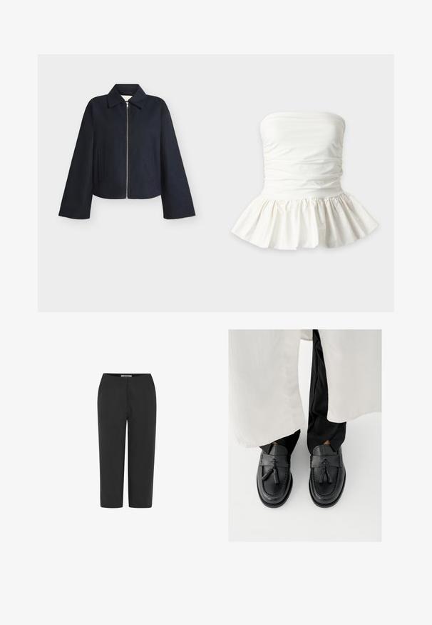 Veste noire à fermeture éclair avec manches larges, col et deux poches latérales sur un fond clair uni.; Top péplum blanc sans bretelles avec un détail de tissu froncé autour de la poitrine et un ourlet volanté évasé.; Pantalon noir cropped sur mesure avec fermeture éclair à l'avant, coupe jambes droites, et une ceinture étiquetée "Soft Rebels".; Mocassins en cuir noir avec des accents à pampilles, présentant un bout arrondi, des coutures décoratives et une finition lisse, portés avec un pantalon noir.