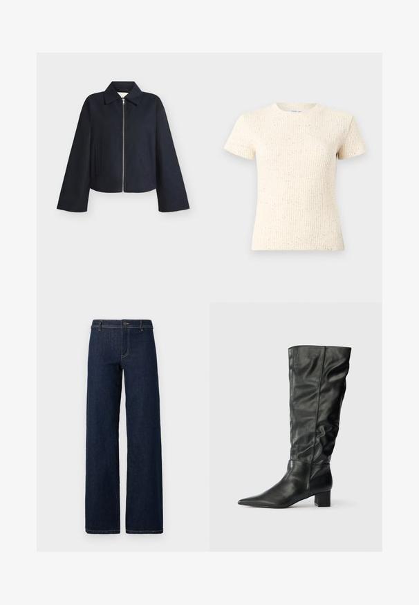 Schwarze Jacke mit Reißverschluss, breiten Ärmeln, Kragen und zwei Seitentaschen vor schlichtem hellem Hintergrund.; Cremefarbenes T-Shirt mit kurzen Ärmeln und strukturiertem Rippmuster, das dezente Sprenkel aufweist. Klassischer Rundhalsausschnitt und figurbetonte Passform.; Weite, dunkelblaue Jeans mit klassischem Fünf-Taschen-Design, aus Denim gefertigt, mit goldenen Nähten und einem Knopfverschluss an der Taille.; Schwarze kniehohe Stiefel aus Leder mit spitzem Zehenbereich, weitem Schaft und Blockabsatz. Glatte Textur mit minimaler sichtbarer Naht.
