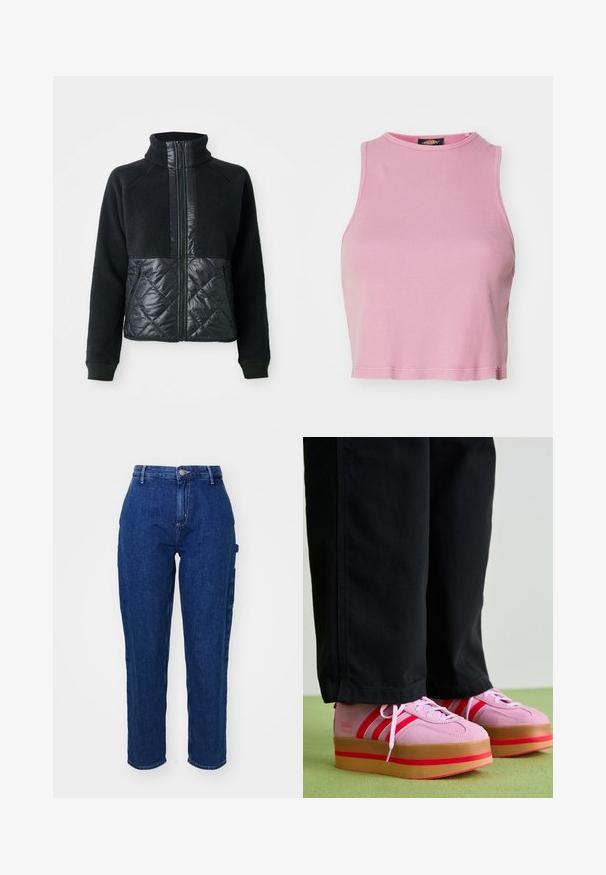 Schwarze Fleecejacke mit quiltierten, mit Reißverschluss versehenen Vordertaschen, vollem Reißverschluss und hohem Kragen.; Rosa gerippter Cropped-Top mit rundem Halsausschnitt und ärmellosem Design. Besitzt einen Saum, der knapp über der Taille endet.; Dunkelblaue Denim-Jeans mit hoher Taille, geradem Bein, vorderem Knopfverschluss und Seitentaschen. Glatte Textur mit leichtem Stretch.; Rosa Wildleder-Plattform-Sneaker mit roten Akzenten und drei Streifen, ausgestattet mit einer dicken, transparenten Gummisohle, kombiniert mit schwarzen Hosen.