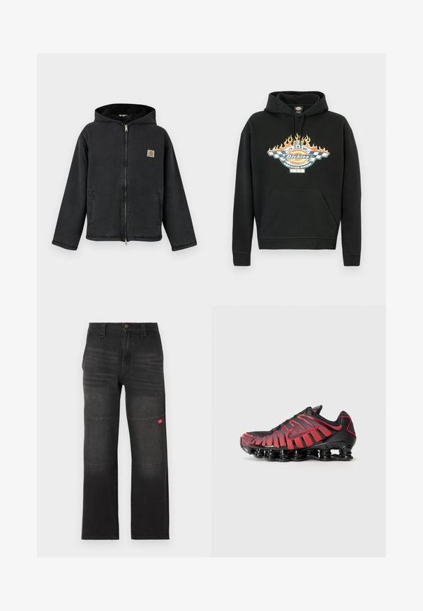Schwarze Zip-up-Jacke mit Kapuze, ausgestattet mit einem mit Fell gefütterten Innenfutter, Seitentaschen und einem quadratischen Logopatch auf der Brust. Robuster Stoff.; Schwarzer Kapuzenpullover aus Baumwolle mit Fronttasche, Kordelzug an der Kapuze und einem grafischen Design mit Flammen und einem Logo in lebendigen Farben.; Schwarze Denim-Arbeitshose mit doppelten Kniepaneelen und einem kleinen roten Logopatch am rechten Bein, gerader Schnitt und Bund mit Knopfverschluss.; Schwarze und rote Sportschuhe verfügen über ein Mesh-Obermaterial mit vertikalen Streifen und einem gepolsterten Kragen, unterstützt von einer markanten, segmentierten Sohle.