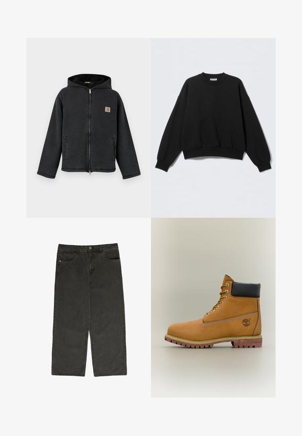 Schwarze Zip-up-Jacke mit Kapuze, ausgestattet mit einem mit Fell gefütterten Innenfutter, Seitentaschen und einem quadratischen Logopatch auf der Brust. Robuster Stoff.; Schwarzer Pullover mit lockerer Passform, Rundhalsausschnitt und langen, leicht aufgeblasenen Ärmeln. Hergestellt aus weichem Stoff mit gerippten Bündchen und Saum.; Schwarze Denim-Hose mit weitem Bein und hoher Taille, fünf Taschen und Knopfverschluss. Weiche Textur und gerades Schnittdesign.; Brauner Leder-Stiefelette mit schwarzem Kragen, gelben Schnürsenkeln und hellbrauner Sohle. Verfügt über ein Logo und weiße Ziernähe. Robuste Profilsohle.