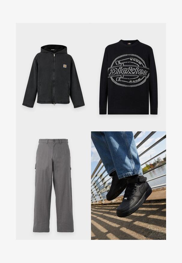 Schwarze Zip-up-Jacke mit Kapuze, ausgestattet mit einem mit Fell gefütterten Innenfutter, Seitentaschen und einem quadratischen Logopatch auf der Brust. Robuster Stoff.; Schwarzer Pullover mit langen Ärmeln und großem weißem Dickies-Logo, das quer über die Brust gestrickt ist, mit gerippten Bündchen und Saum.; Graue Cargo-Hosen mit geradem Bein-Design, aus strapazierfähigem Stoff. Mit Seitentaschen und einem Knopfverschluss an der Taille.; Schwarze Nike Air Force 1 Sneakers mit Obermaterial aus Leder, Mesh-Zunge und Gummisohle, die ein hoch geschnittenes Design und dicke Schnürsenkel aufweisen.