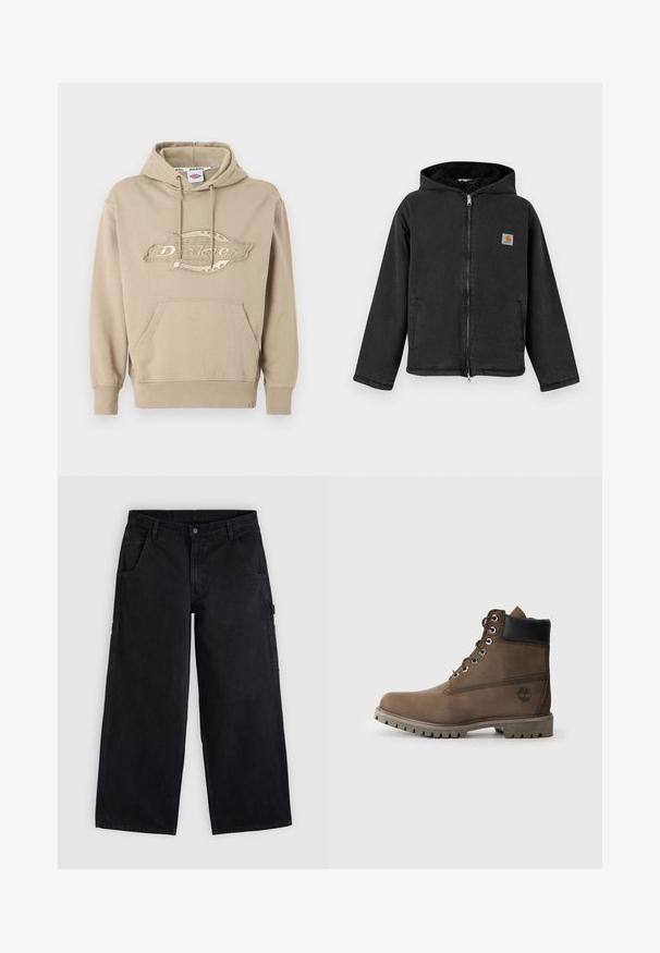 Sort lynlåstrøje med hætte, foret med pels, sidelommer og et firkantet logoemblem på brystet. Holdbart stof.; Beige hættetrøje med kængurulomme, snor i hætten og broderet "Dickies"-logo på forsiden. Blødt bomuldsstof, ribbede manchetter.; Sorte bredbenede arbejdstøj bukser med bæltestropper, forlommer og knaplukning, vist på en ensfarvet lys baggrund.; Brune læder ankelstøvle med sort krave, metaløjer og slidstærk grå sål. Har logo på siden og syet detaljer.