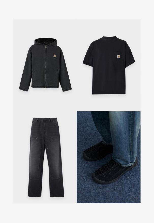 Zwarte jas met ritssluiting en capuchon, voorzien van een met bont gevoerde binnenkant, zijzakken en een vierkante logopatch op de borst. Duurzame stof.; Zwart T-shirt met korte mouwen en ronde hals met een borstzakje waarop een klein bruin-wit Carhartt-logo patchje zit.; Zwarte wijde jeans met voorzakken, riemlussen en een knoop- en ritssluiting.; Zwarte nubuck sneakers met een gestructureerd oppervlak, subtiele veters en duurzame rubberen zolen, gecombineerd met blauwe spijkerbroeken.