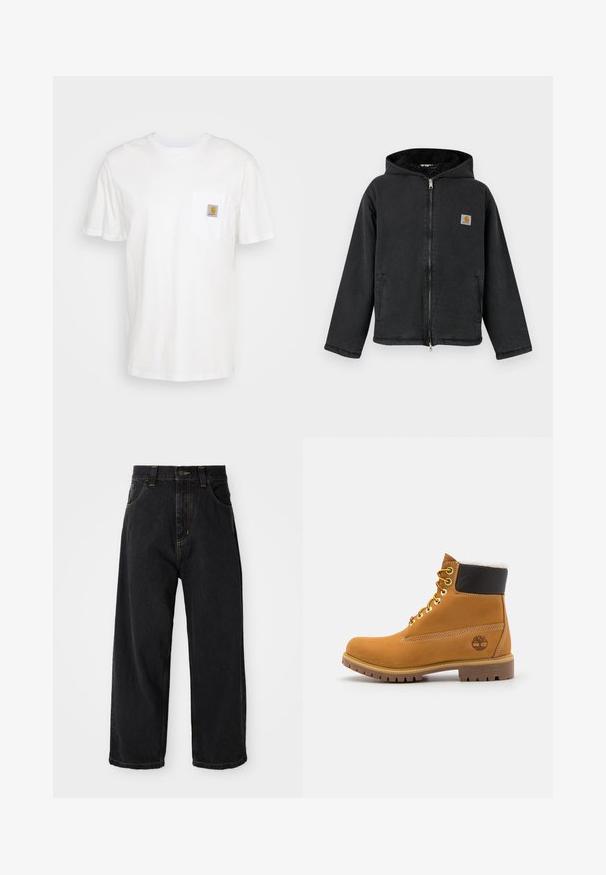 Schwarze Zip-up-Jacke mit Kapuze, ausgestattet mit einem mit Fell gefütterten Innenfutter, Seitentaschen und einem quadratischen Logopatch auf der Brust. Robuster Stoff.; Weißes Baumwoll-T-Shirt mit kurzen Ärmeln, einer Brusttasche und einem kleinen quadratischen Logopatch in Orange und Weiß auf der Tasche.; Schwarze, weit geschnittene Jeans mit hoher Taille, vorderem Knopf, Reißverschluss und gelben Nähten an Taschen und Nähten.; Braune Leder-Ankle-Boots mit Metallösen, weißem Kunstfellfutter, schwarzem gepolstertem Kragen, robustem Sohlenprofil und geprägtem Logo an der Seite.