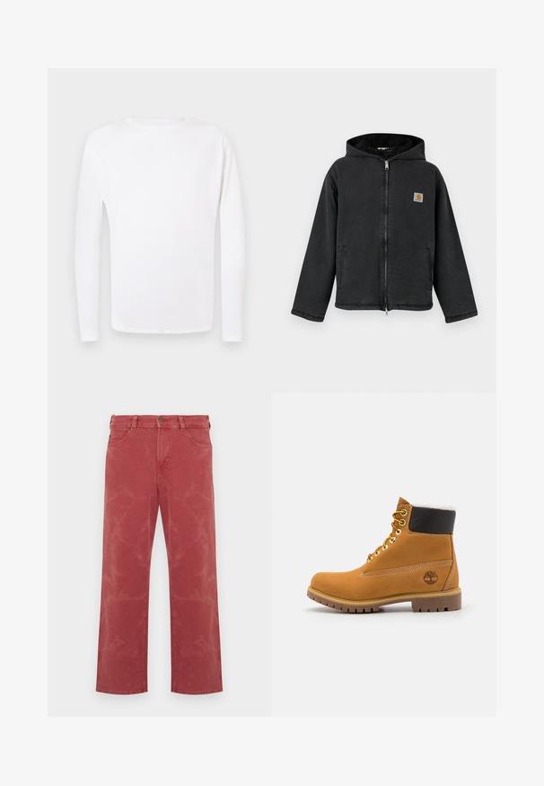 Chaqueta negra con cremallera y capucha, con interior forrado de piel, bolsillos laterales y un parche cuadrado con logo en el pecho. Tejido duradero.; Camisa de manga larga blanca de cuello redondo mostrada plana sobre un fondo gris claro.; Vaqueros de mezclilla rojos con un corte relajado, que presentan un diseño de cinco bolsillos, costuras visibles y sutiles detalles descoloridos por todo el tejido.; Botín de cuero marrón con ojales de metal, forro de piel sintética blanca, cuello acolchado negro, suela resistente y logotipo en relieve en el costado.