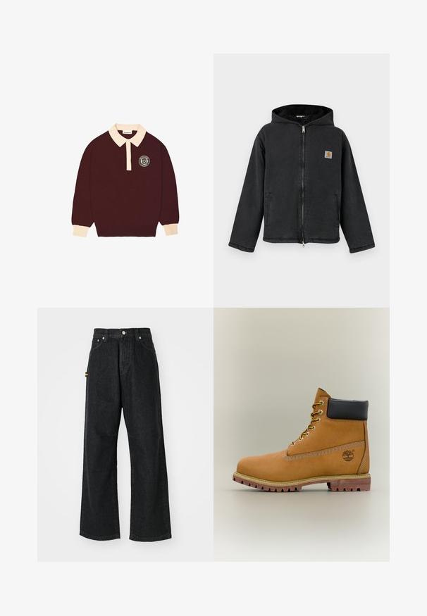 Zwarte jas met ritssluiting en capuchon, voorzien van een met bont gevoerde binnenkant, zijzakken en een vierkante logopatch op de borst. Duurzame stof.; Bordeaux lange mouwen polo shirt met een crèmekleurige kraag en manchet, knoopsluiting en een cirkelvormig "Prohibited Berlin" logo op de linkerkant van de borst.; Zwarte wijde spijkerbroek van denim. Heeft een hoge taille, vijf zakken en metalen hardware accenten. Glad oppervlak met minimale slijtage.; Bruine leren enkellaars met zwarte kraag, gele veters en een zandkleurige zool. Voorzien van een logo en witte stikseldetails. Robuuste loopzool met grip.