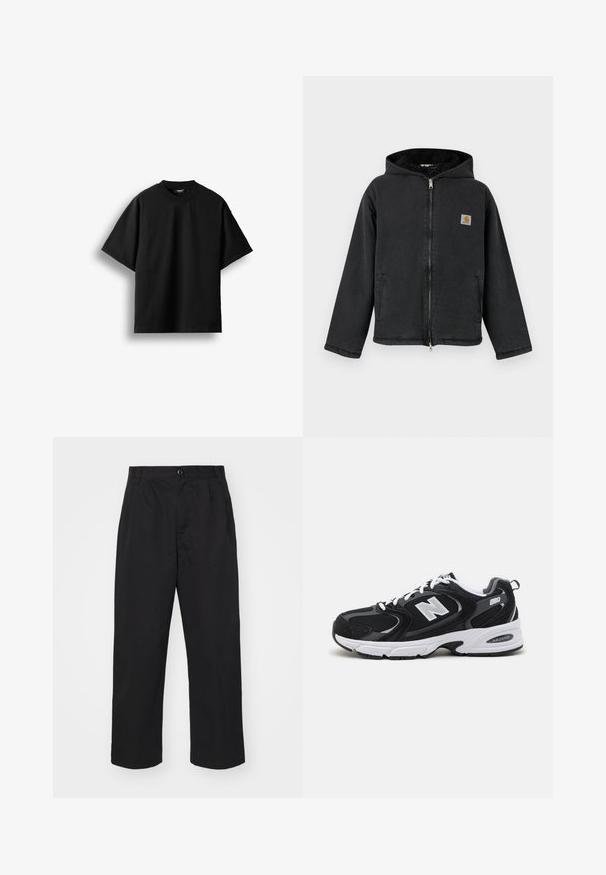 Chaqueta negra con cremallera y capucha, con interior forrado de piel, bolsillos laterales y un parche cuadrado con logo en el pecho. Tejido duradero.; Camiseta negra de manga corta con cuello redondo, mostrada extendida sobre un fondo blanco con una pequeña etiqueta visible en el cuello.; Pantalones de algodón negros con corte recto, con cierre de botón, dos bolsillos delanteros y una textura suave.; Zapatillas deportivas en negro y gris con parte superior de malla y ante, que cuentan con una entresuela blanca, cordones y un llamativo logo "N" en el lateral.