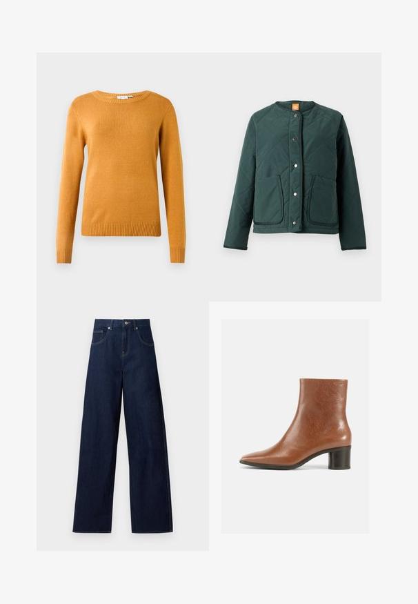 Gepolsterte dunkelgrüne Jacke mit rundem Ausschnitt, Druckknopfverschluss und zwei Fronttaschen. Strukturiertes Gewebe mit glatter Oberfläche.; Senfgelbes Sweatshirt, weicher Strickstoff, Rundhalsausschnitt, lange Ärmel, gerippter Saum und Bündchen, leichtes Design ohne Muster oder Akzente.; Dunkelblaue Jeans mit weitem Bein, vorne mit Knöpfen und Taschen, flach auf weißem Hintergrund dargestellt.; Brauner Leder-Stiefelette mit spitz zulaufender Zehenpartie, strukturierter Oberfläche und mittelhohem Blockabsatz. Schlichtes Design ohne sichtbare Beschläge oder Muster.