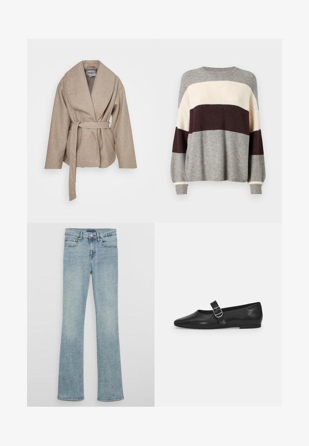 Manteau enveloppant beige en tissu doux et texturé. Il présente un large col, des manches longues et une ceinture assortie nouée à la taille.; Pull en tricot rayé gris, crème et bordeaux. Dispose d'une texture côtelée, d'un col rond et de manches longues avec détails aux poignets.; Jeans évasés en denim bleu clair taille haute, avec passants pour ceinture, poches avant et texture délavée.; Chaussure plate en cuir noir avec un bout arrondi, une seule sangle réglable à boucle et une texture lisse et brillante. Design minimaliste avec un petit talon.