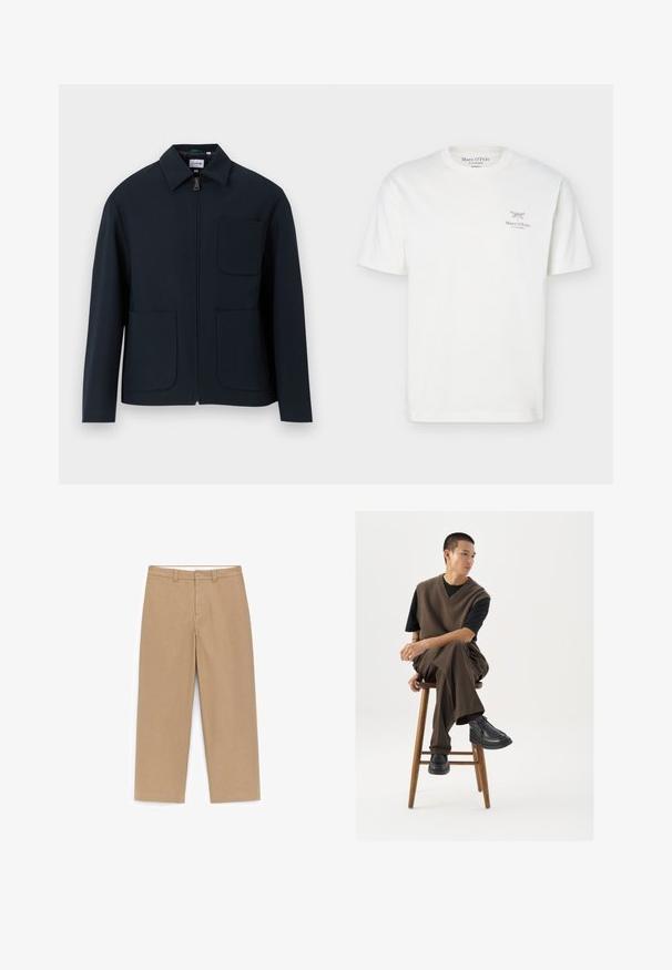 Marineblå jakke med lynlås foran, spidse krave og to forlommer med afrundede kanter. Fremstillet af et glat stof.; Hvid T-shirt med korte ærmer og rund hals, med en lille sort sommerfugl og teksten "Marc O’Polo" på venstre bryst.; Beige bukser med vide ben, glat tekstur, talje i midten, bæltestropper og to forlommer. Rene syningsdetaljer uden mønstre.; Brun strikket vest over en sort t-shirt, parret med brune vidde bukser og sorte chunky sko, siddende på en træstub.