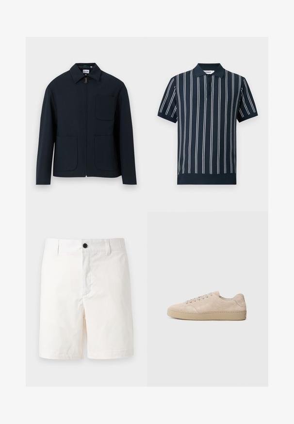 Veste bleu marine avec une fermeture éclair à l'avant, un col pointu et deux poches avant aux bords arrondis. Fabriquée dans un tissu lisse.; Polo bleu marine à manches courtes avec des rayures blanches verticales et trois boutons noirs sur la patte de boutonnage.; Shorts blancs jusqu'aux genoux avec passants pour ceinture et un bouton noir à la taille, présentés sur un fond clair uni.; Baskets en daim beige avec un bout rond, des lacets plats et une semelle en caoutchouc texturé. Design minimaliste avec des bords lisses et des coutures discrètes.
