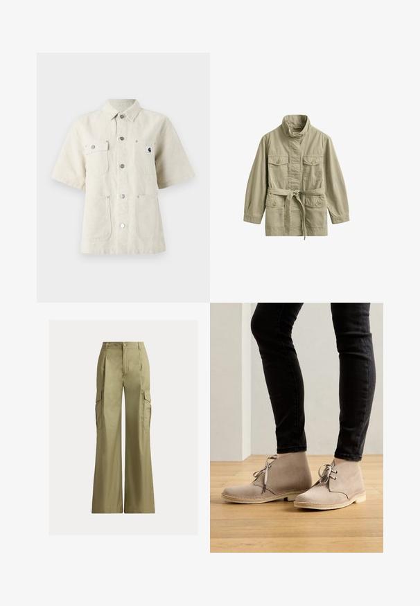 Licht kaki jas met lange mouwen, opstaande kraag, vier klepzakken met knopen en een stoffen ceintuur in de taille.; Korte mouwen shirt van lichtbeige stof, met een puntige kraag, knopen aan de voorkant, twee borstzakken en een klein logo op de linkerzijde.; Khaki cargobroek met wijde pijpen, hoge taille, knoop- en ritssluiting en klepzakken aan beide zijden.; Beige suède enklaarsjes met een ronde neus, vetersluiting en contrasterende stiksels, gedragen met zwarte slim-fit broek op een houten vloer.