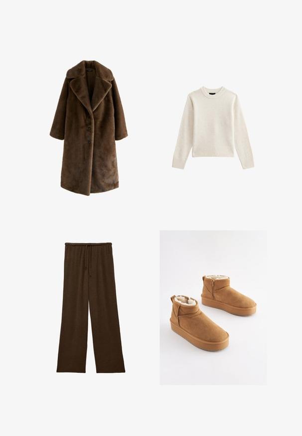 Brun faux fur frakke med en bred, notch-krave, lange ærmer og tre sorte knapper ned foran. Blød tekstur og oversized design.; Lys beige strikket sweater med ribbet crew hals og kant, som har lange ærmer og en afslappet silhuet. Blød tekstur og minimalistisk design.; Brune bukser med vide ben, elastisk talje og snøre foran, lavet af blødt strikstof.; Lysebrune ankelstøvler i ruskind med imiteret pelsforing, flad platformssål og lynlås i siden for nem påtagning. Har rundet tå og minimal syning.