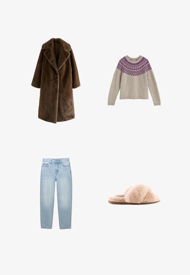 Brun faux fur frakke med en bred, notch-krave, lange ærmer og tre sorte knapper ned foran. Blød tekstur og oversized design.; Grå uldtrøje med rund hals og lange ærmer, der har et lilla geometrisk mønster omkring skuldrene. Almindelig pasform, ribbet kant.; Lyseblå jeans med høj talje og lige ben med forreste knap, lynlås lukning, bæltestropper og fem-lomme-design på hvid baggrund.; Uldne lys beige hjemmesko med krydsede remme, lavet af blødt materiale på en flad tan farvet gummisål. Plush struktur hele vejen igennem.
