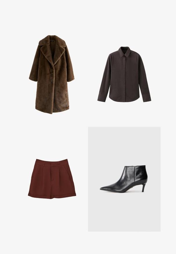 Brun faux fur frakke med en bred, notch-krave, lange ærmer og tre sorte knapper ned foran. Blød tekstur og oversized design.; Brun langærmet skjorte med spids krave, knapper foran og en enkelt brystlomme. Glat stof og afslappet pasform.; Bordeaux shorts lavet af et glat stof, med et klassisk design med flad front, sidelommer og optrukket kant.; Sort læder ankelstøvle med spids tå og slank hæl i mellem højden, vist i sideprofil på hvid baggrund.