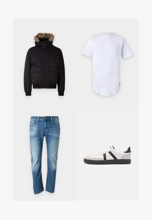 Sort hættetrøje lavet af slidstærkt materiale, med en hætte foret med kunstpels, foran lynlåslukning og to store lommer foran.; Hvid kortærmet t-shirt lavet af bomuld. Rund halsudskæring med en buet kant. Etiket synlig på nederste venstre side. Glat tekstur.; Blå, falmede straight-leg denim jeans med fem lommer, knaplukning og synlige sømdetaljer på forsiden.; Hvide sneakers med sorte og grå detaljer, med en tekstureret grå tåhætte, sort gummisål og flade hvide snørebånd. Rent design, minimalistisk stil.