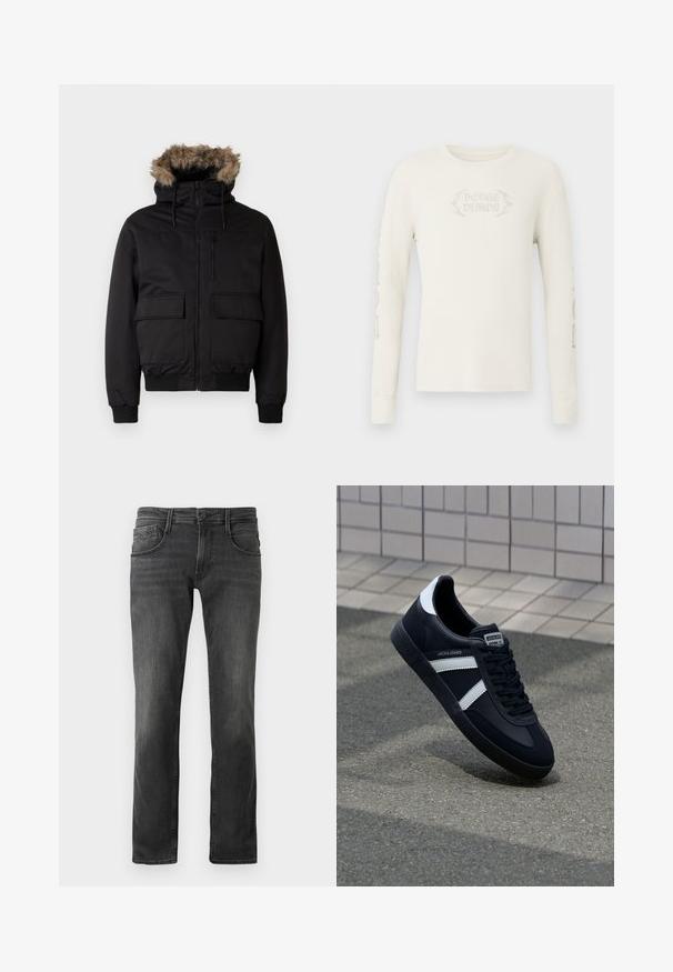 Schwarze Kapuzenjacke aus strapazierfähigem Material, mit einer mit Kunstfell gefütterten Kapuze, Frontreißverschluss und zwei großen Vorderaschen.; Langärmeliges, cremefarbenes, geripptes T-Shirt mit der Stickerei "DODGE DEMON" auf der Vorderseite und Grafiken auf dem rechten Ärmel. Weiche Textur.; Dunkelgraue Denim-Jeans mit geradem Beinschnitt, Fünf-Taschen-Design und subtilen Ausbleichungen. Vorderer Knopfverschluss und Gürtelschlaufen.; Schwarze Leder-Sneaker mit weißen Streifen, strukturiertem Gummisohle und Schnürung. Verfügt über ein Markenetikett auf der Zunge.