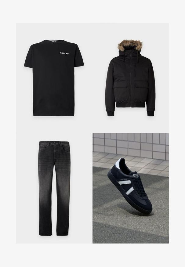 Schwarze Kapuzenjacke aus strapazierfähigem Material, mit einer mit Kunstfell gefütterten Kapuze, Frontreißverschluss und zwei großen Vorderaschen.; Schwarzes Baumwoll-T-Shirt mit kurzen Ärmeln und Rundhalsausschnitt, mit einem weißen "REPLAY"-Logo auf der linken Brustseite. Glatte Textur.; Schwarze Jeans aus Denim mit einem ausgewaschenen Look, geradem Bein, Fünf-Taschen-Design und Metallknopfverschluss. Glatte Textur mit dezenten Details.; Schwarze Leder-Sneaker mit weißen Streifen, strukturiertem Gummisohle und Schnürung. Verfügt über ein Markenetikett auf der Zunge.
