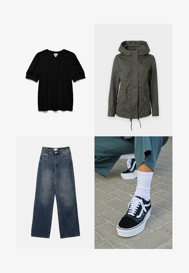 Donkergroene capuchonjas met ritssluiting aan de voorkant, klepzakken, trekkoorden in taille en zoom, en een klein borstzakje met rits.; Zwarte top met korte mouwen en een ronde hals, gemaakt van een zachte stof. Heeft pofmouwen en een relaxte pasvorm. Eenvoudig, onopgesmukt ontwerp.; Heren hoge taille blauwe spijkerbroek met wijde pijpen, vooraan knoop en rits, en voor- en achterzakken.; Zwarte suède sneaker met witte accenten en veters, uitgerust met een dikke witte zool en contrasterende stiksels, gecombineerd met een witte sok.
