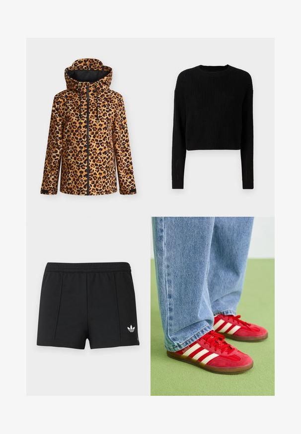 Bunda s kapucňou s leopardím vzorom, predný zips, nastaviteľné sťahovacie šnúrky, dlhé rukávy a čierna vnútorná podšívka.; Čierny skrátený sveter s rebrovanou textúrou, dlhými rukávmi a okrúhlym výstrihom. Jednoduchý dizajn s minimálnymi detailmi.; Čierne športové šortky s elastickým pásom a malým bielym logom Adidas trefoil na ľavej nohe.; Červené semišové tenisky s tromi bielymi pruhmi, okrúhlou špičkou a textúrovanou podrážkou, v kombinácii s svetlomodrými džínsami na zelenom pozadí.