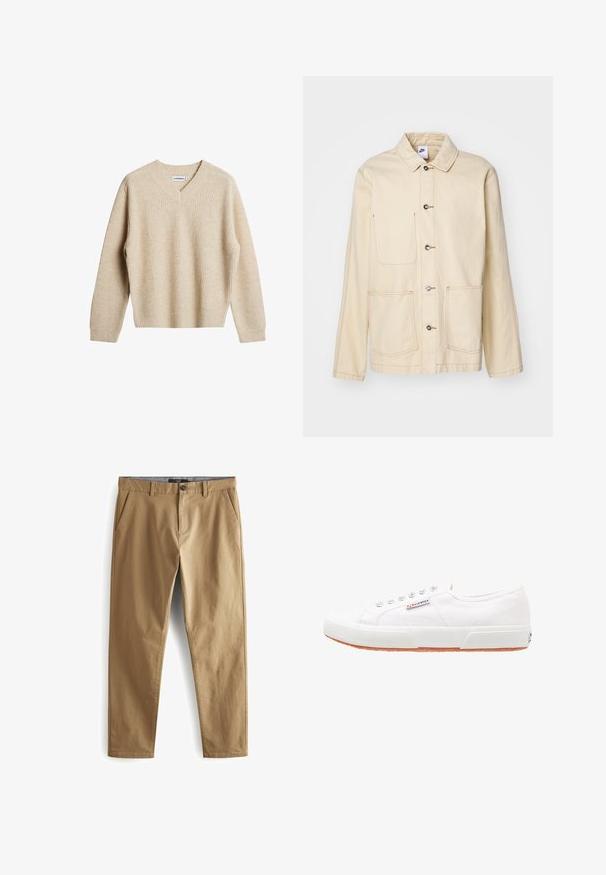 Chaqueta beige con un cierre de botones en la parte delantera, dos bolsillos en el pecho y bolsillos laterales, con costuras en contraste y un cuello.; Suéter de punto acanalado beige con escote en V y mangas largas. Presenta un ajuste relajado y una tela texturizada para mayor calidez y comodidad.; Next STRETCH - Pantalones - dark sand; Zapatillas de lona blancas con suela de goma, diseño de cordones y una pequeña etiqueta con el logo en el lateral. Parte superior texturizada blanca y suela marrón.