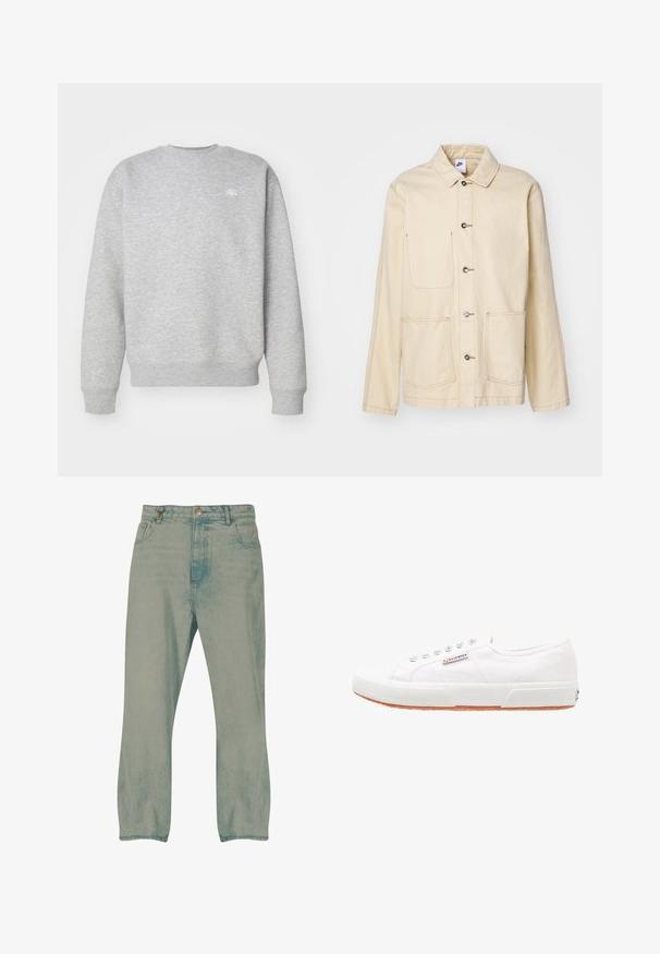 Chaqueta beige con un cierre de botones en la parte delantera, dos bolsillos en el pecho y bolsillos laterales, con costuras en contraste y un cuello.; Sudadera gris de cuello redondo hecha de material de felpa, con puños y dobladillo acanalados, y un pequeño logotipo blanco en el pecho.; Vaqueros de pierna recta en azul claro con botón delantero, trabillas para cinturón y bolsillos delanteros, mostrados sobre un fondo blanco.; Zapatillas de lona blancas con suela de goma, diseño de cordones y una pequeña etiqueta con el logo en el lateral. Parte superior texturizada blanca y suela marrón.