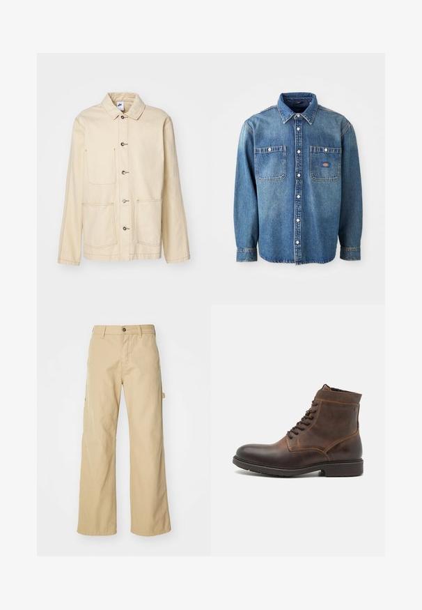 Veste beige avec un devant à boutons, deux poches poitrine et des poches latérales, avec des coutures contrastantes et un col.; Chemise en denim bleu moyen, dotée d'un col pointu, de deux poches poitrine et de boutons argentés. Manches longues avec poignets à boutons.; Pantalons cargo larges beiges avec fermeture à bouton, dotés de poches latérales, fabriqués en coton robuste, avec une texture lisse et un design droit.; Jack & Jones JFWDELANEY BOOT - Bottines à lacets - cognac