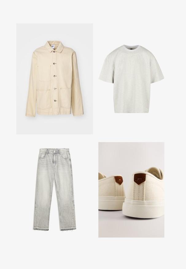 Beige jas met een knoopsluiting aan de voorkant, twee borstzakken en zijzakken, met contrasterende stiksels en een kraag.; Lichtgrijs katoenen t-shirt met korte mouwen, een ronde hals en een relaxte pasvorm. De stof heeft een zachte, licht gestructureerde oppervlakte.; Lichtgrijze denim jeans met een licht vervaagde afwerking, rechte snit, vijf-pocketontwerp en rafelige zoom. Platte tailleband met riemlussen.; Canvas sneakers in crèmekleur met een gestructureerde afwerking, voorzien van bruine lederen accenten bij de hiel en een rubberen buitenzool.